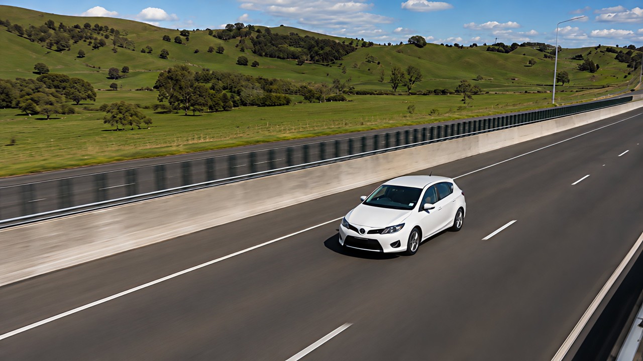A white hatchback cruising a New Zealand highway past rolling green hills