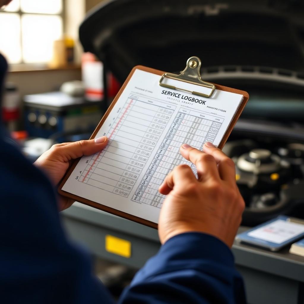 A service logbook being completed by a mechanic